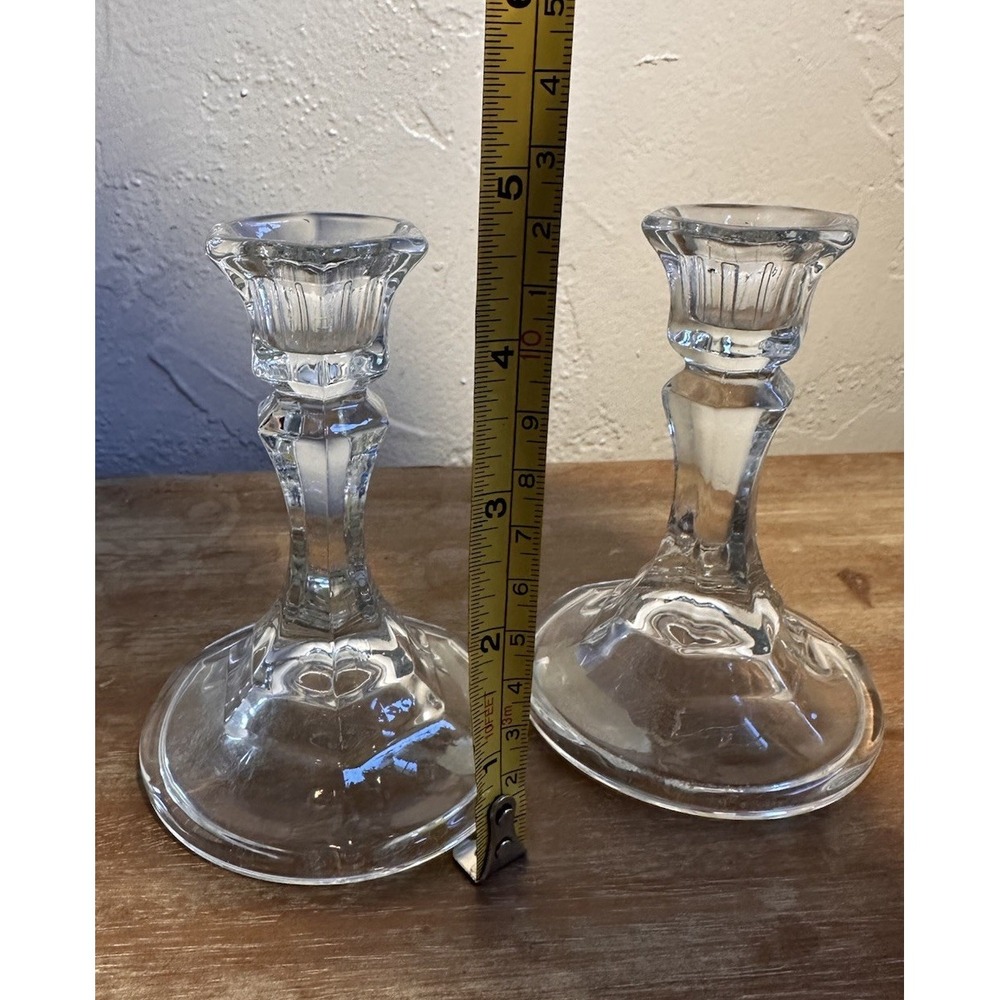 Set Of 2 Classic Traditional Clear Glass Taper  4 ½" Candle Stick Holders